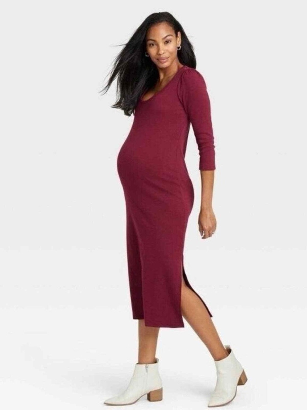The Nines by HATCH Wine Scoop-Neck Maternity Midi Dress medium